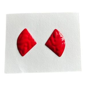Vintage Cherry Red Geometric Pierced Earrings with Raised Texture